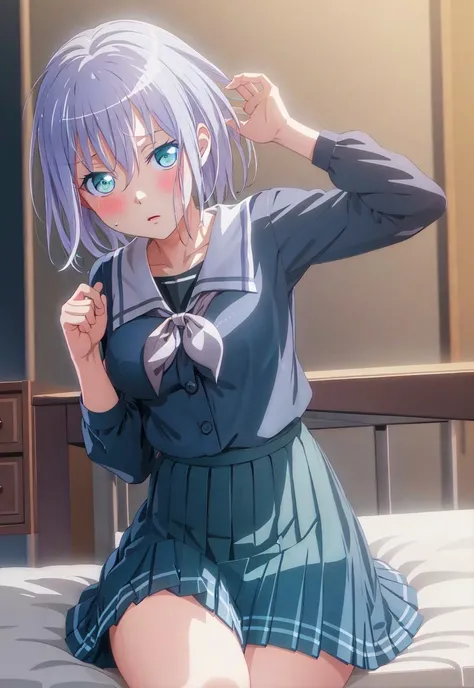 (((masterpiece))), (((best quality))), ultra-detailed, thigh, on bed,
black_serafuku, black_skirt, neckerchief, pleated_skirt, school_uniform, serafuku, skirt, blue green eyes <lora:mashiro2:0.8>