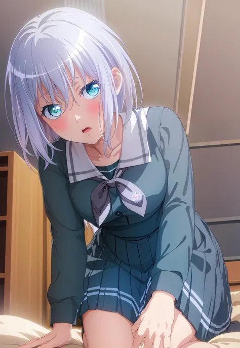 (((masterpiece))), (((best quality))), ultra-detailed, thigh, on bed, all fours,white hair,
black_serafuku,long sleeve, black_skirt, neckerchief, pleated_skirt, school_uniform, serafuku, skirt, blue green eyes <lora:mashiro2:0.8>
