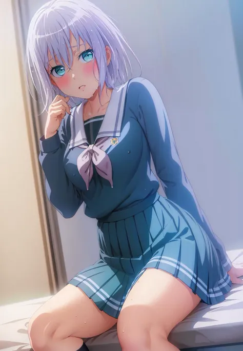(((masterpiece))), (((best quality))), ultra-detailed, thigh, on bed, sitting,hand between legs,white hair,(sexy), backlighitng, wet,
black_serafuku,long sleeve, black_skirt, neckerchief, pleated_skirt, school_uniform, serafuku, skirt, blue green eyes <lora:mashiro2:0.8>