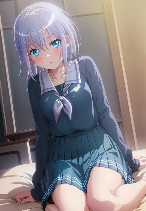 (((masterpiece))), (((best quality))), ultra-detailed,  thigh, on bed, all fours,white hair,
black_serafuku,long sleeve, black_skirt, neckerchief, pleated_skirt, school_uniform, serafuku, skirt, blue green eyes <lora:mashiro2:0.8>
