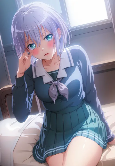 (((masterpiece))), (((best quality))), ultra-detailed, thigh, on bed, sitting,hand between legs,white hair,(sexy), backlighitng, wet,
black_serafuku,long sleeve, black_skirt, neckerchief, pleated_skirt, school_uniform, serafuku, skirt, blue green eyes <lora:mashiro2:0.8>