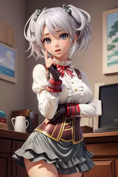 <lora:add_detail:0.5> <lora:copax_charm_eu:0.0> (photorealistic, masterpiece, best quality),  face surprised,  seductive pose,
ciel alencon, silver hair, grey eyes, short twintails,white shirt, underbust, puffy long sleeves, skirt, fingerless gloves <lora:godeater_cielalencon:0.9>