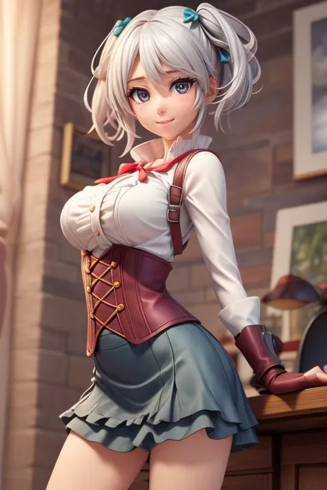 <lora:add_detail:0.5> <lora:copax_charm_eu:0.0> (photorealistic, masterpiece, best quality),  face smiling,  seductive pose,
ciel alencon, silver hair, grey eyes, short twintails,white shirt, underbust, puffy long sleeves, skirt, fingerless gloves <lora:godeater_cielalencon:0.7>