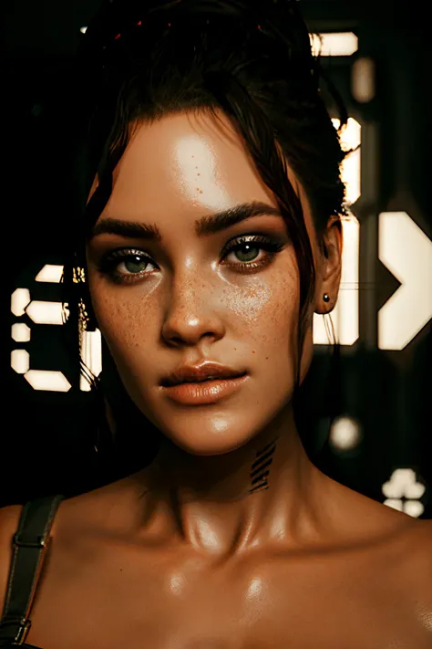 highres, masterpiece, perfect ligthing, bloom, cinematic lighting, adult, perfect skin, female, looking at viewer, portrait, close-up shot of Panam Palmer, <lora:CHAR-Game-PanamPalmer:0.6>, (Panam Palmer), was-pp, (RSEEmma), cleavage, smile, :), narrow waist, skinny,(detailed face), freckles, detailled eyes, glint in eyes, long dark eyelashes, sensual, (Night City), cyberpunk \(series\), ((glossy lips)), pursed lips, glossy skin, oily skin, beautiful light, (day:1.3), bright, <lora:MISC-realisticGlossyFaceSkin_rseromanticRsesofiko:0.3>, best quality, 4K, 8K, 64K, UHD, HDR,