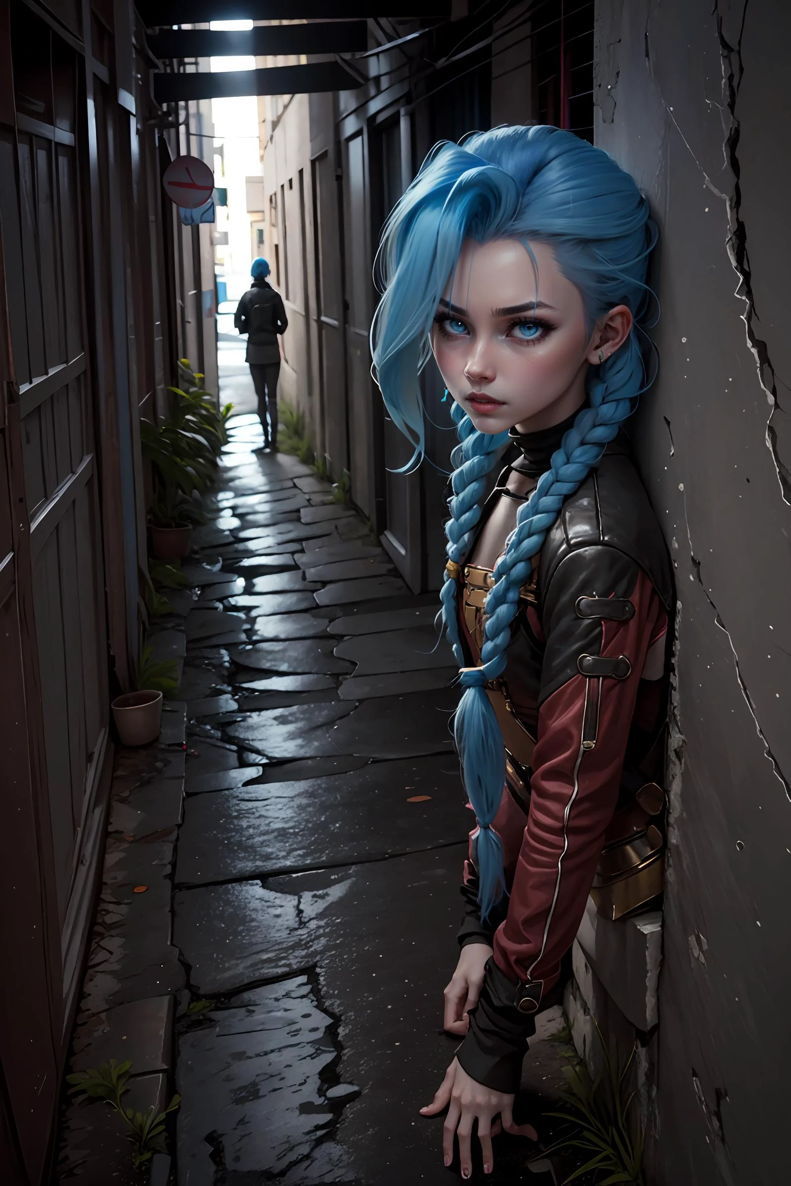 <lora:JinxLol:0.8> jinxlol, twin braids hair, blue hair, facing towards viewer, <lora:glory_wall_front:0.8> glory wall, stuck, through wall