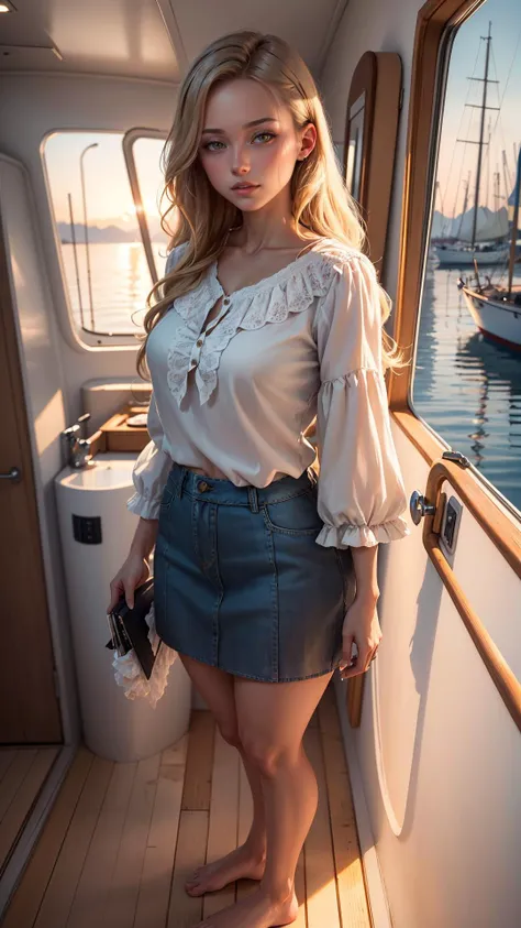 (ultra realistic,32k, masterpiece:1.2),(high detailed skin:1.1),( high quality:1.1),
intricate detail,
(detailed realistic background:1.3),
realistic lighting,
[cinematic lighting|sunset lighting],
hyperrealism,
soothing tones,
muted colors,
high contrast,
soft light,
sharp,
artistic photoshoot,
1girl, wearing a ruffle blouse , flare skirt and bare feet, standing on the deck of a sailboat