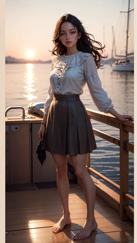(ultra realistic,32k, masterpiece:1.2),(high detailed skin:1.1),( high quality:1.1),
intricate detail,
(detailed realistic background:1.3),
realistic lighting,
[cinematic lighting|sunset lighting],
hyperrealism,
soothing tones,
muted colors,
high contrast,
soft light,
sharp,
artistic photoshoot,
1girl, wearing a ruffle blouse , flare skirt and bare feet, standing on the deck of a sailboat