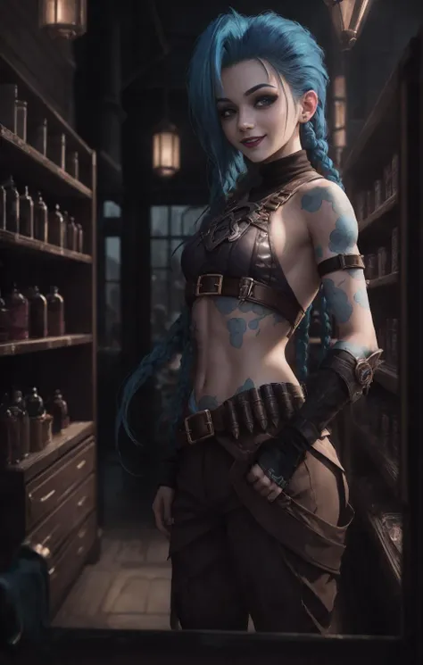(very_detailed:1.4), photography of jinxlol, (18 years old:1.3), dynamic_pose, erotic, full_body_shot, (blue hair bowing in the wind:1.2), (smiling:1.2), insane_expression, flat chest, small breasts, breasts visible, (short linen pants), (brown pants), ammo belt, (in a potion shop, crowded shelfs, dim light falling through window), dark theme, AETHERPUNK, intricate, highly_detailed, professional, arcane style, hd, 8k, cinematic lighting, cinematic, <lora:jinxLeagueOfLegends_v10:1> <lora:LowRa:0.4>
