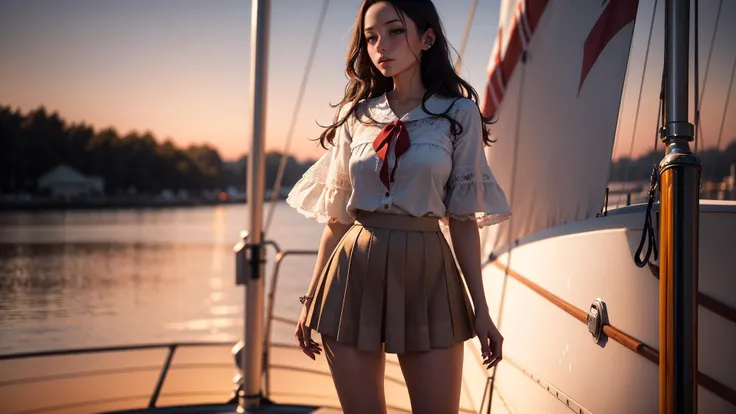 (ultra realistic,32k, masterpiece:1.2),(high detailed skin:1.1),( high quality:1.1),
intricate detail,
(detailed realistic background:1.3),
realistic lighting,
[cinematic lighting|sunset lighting],
hyperrealism,
soothing tones,
muted colors,
high contrast,
soft light,
sharp,
artistic photoshoot,
1girl, wearing a ruffle blouse , flare skirt and bare feet, standing on the deck of a sailboat