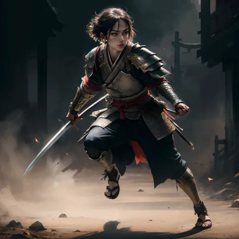 (8k, best quality, masterpiece:1.2), (photorealistic:1.4), RAW photo, best quality, ultra high res, best shadow, highly detailed facial features, beautiful and flawless face, perfect eyes, (full body:1.4), A short-haired female, japanese armor, Samurai Sword, massive scale stunning environment, horror, dark horror