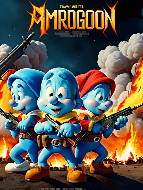 poster with multiple smurfs in military gear, smurf with a rifle, smurf holding a shotgun, smurf holding a rocketlauncher, "Smurfs: Armageddon" fire, explosions, action movie