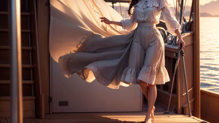 (ultra realistic,32k, masterpiece:1.2),(high detailed skin:1.1),( high quality:1.1),
intricate detail,
(detailed realistic background:1.3),
realistic lighting,
[cinematic lighting|sunset lighting],
hyperrealism,
soothing tones,
muted colors,
high contrast,
soft light,
sharp,
artistic photoshoot,
1girl, wearing a ruffle blouse , flare skirt and bare feet, standing on the deck of a sailboat