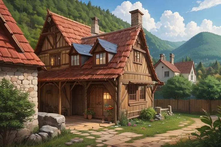 medieval style AND cartoon style. a girl in a village. cottages, stable, animals and forest.