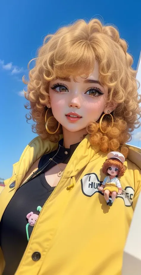 1girls looking at view from dawn, curly wearing a yellow teddy and wearing a big earring