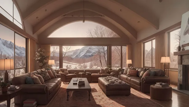spacious large study room, many large windows, ((vaulted ceiling)), colorful silk rug, cushions, chairs, couch, fireplace, view of forest valley, snow on mountainous horizon,
tree, snowing,
night, moon, cuastics,
high resolution, hires, realistic, (photorealistic) <hypernet:hypernetInteriorDesign_v10:1>