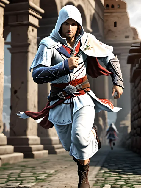 Ezio Auditore running trough ancient Rome, white robes, incredible detail, photograph, masterpiece, photorealistic, atmospheric, cinematic, HDR, Canon, Sony, Lumix, 8k, UHD