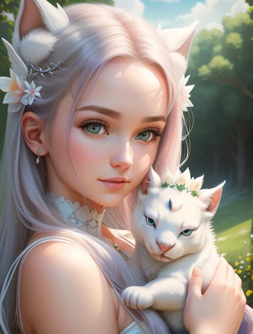 1girl, half body, closeup portrait of a beautiful 21yo woman with (a little white dragon in her arms), surrounded by white clouds, looking away, piercing eyes, fairyland at background, detailed face, detailed skin, hd, dream, ultra wide angle, hyperrealism, hyper detailed, centered , (high detailed skin, soothing tones, hdr : 1.25), Fujifilm XT3