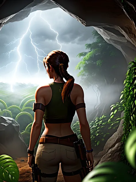 Lara Croft looking out of a cave in a dense jungle during a thunderstorm, (seen from the back), rain, lightning, jungle, plants, ((vines)), ultra detailed, photograph, masterpiece, photorealistic, atmospheric, dark, (ground fog), Canon, Sony, Lumix, 8k, UHD