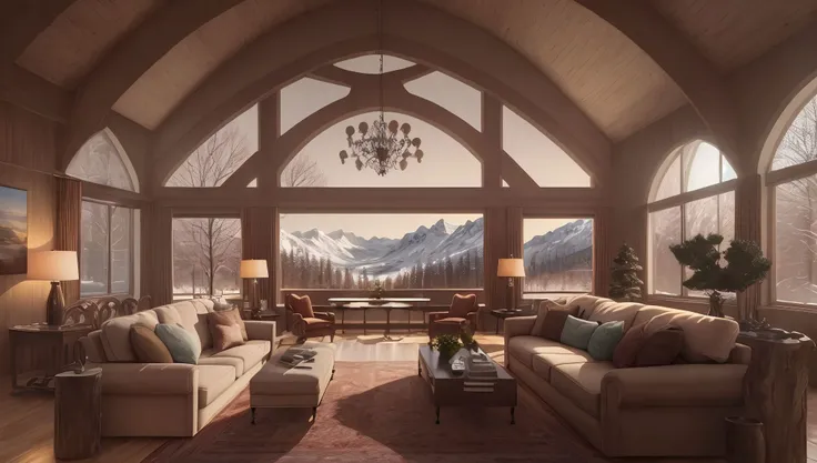 spacious large study room, many large windows, ((vaulted ceiling)), colorful silk rug, cushions, chairs, couch, fireplace, view of forest valley, snow on mountainous horizon,
tree, snowing,
night, moon, cuastics,
high resolution, hires, realistic, (photorealistic) <hypernet:hypernetInteriorDesign_v10:1>