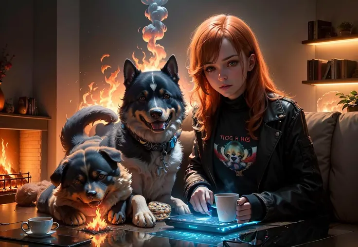 highres, bloom, cinematic lighting, (room on fire:1.3),
dream, fantasy, relax, ((smoke laptop hacker:1.0) and ((dog):1.2):1.0) lying on the couch, cup of tea, fire around, all in fire, (fire:1.3)
,(masterpiece:1.3), (best_quality:1.3), (ultra_detailed:1.3), 8k, extremely_clear, (ultrarealistic:1.3)