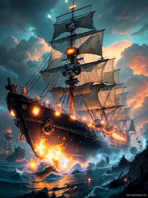 best quality, masterpiece,  jp-j3c 1girl, Style-GravityMagic, focus on character, portrait,  looking up, solo,  half shot, detailed background, (<lora:CulturePunkBundle-000007:0.3>, piratepunkai, pirate theme:1.1),  pirate, tattoos,  black privateer captain outfit, bandana, relic, determined, dynamic pose, sypglass, high seas, wooden deck of a ship,  flames, flintlock pistol,  pirate battle, maelstrom,  raining, barrels in background, dark shadows, fantasy atmosphere, <lora:detail_slider_v4:2>