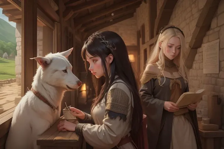 medieval style AND cartoon style. a girl in a village. cottages, stable, animals and forest.