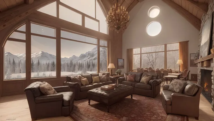 spacious large study room, many large windows, ((vaulted ceiling)), colorful silk rug, cushions, chairs, couch, fireplace, view of forest valley, snow on mountainous horizon,
tree, snowing,
night, moon, cuastics,
high resolution, hires, realistic, (photorealistic) <hypernet:hypernetInteriorDesign_v10:1>
