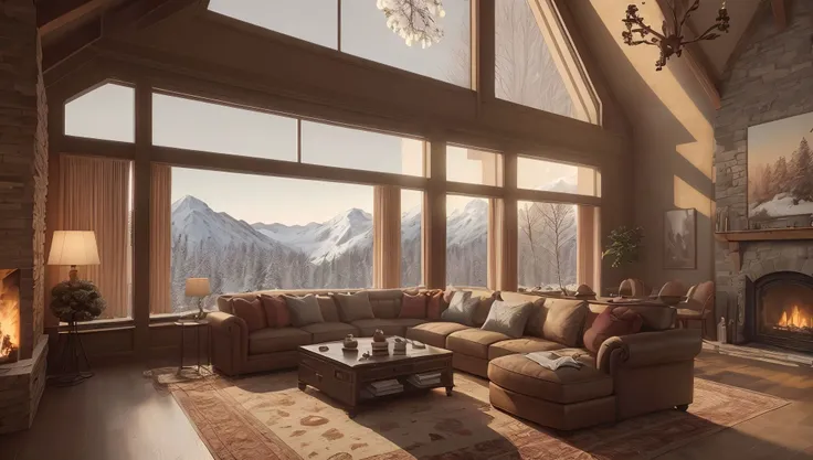 spacious large study room, many large windows, ((vaulted ceiling)), colorful silk rug, cushions, chairs, couch, fireplace, view of forest valley, snow on mountainous horizon,
tree, snowing,
night, moon, cuastics,
high resolution, hires, realistic, (photorealistic) <hypernet:hypernetInteriorDesign_v10:1>