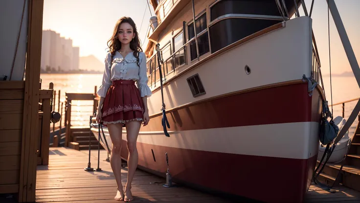 (ultra realistic,32k, masterpiece:1.2),(high detailed skin:1.1),( high quality:1.1),
intricate detail,
(detailed realistic background:1.3),
realistic lighting,
[cinematic lighting|sunset lighting],
hyperrealism,
soothing tones,
muted colors,
high contrast,
soft light,
sharp,
artistic photoshoot,
1girl, wearing a ruffle blouse , flare skirt and bare feet, standing on the deck of a sailboat