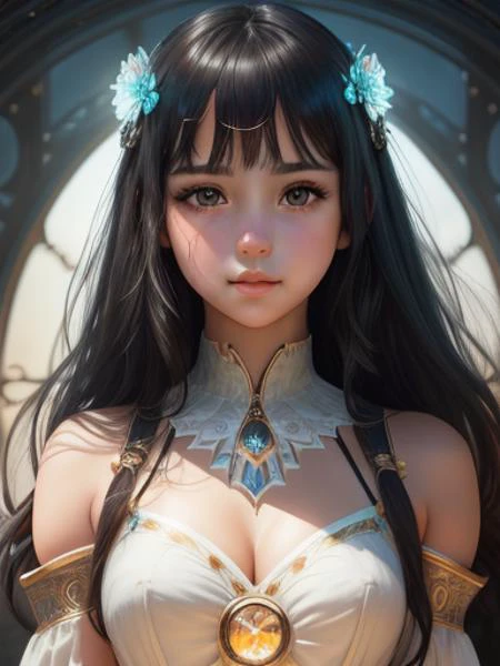 (masterpiece), realistic, (portrait of a girl), beautiful face, sunlight, cinematic light, bangs, a beautiful woman, beautiful eyes, black hair, perfect anatomy, very cute, princess eyes , (black eyes) , (frame the head), Centered image, stylized, bioluminescence, 8 life size,8k Resolution, white low-cut dress with small blue details, human hands, wonder full, elegant, approaching perfection, dynamic, highly detailed, character sheet, concept art, smooth, facing directly at the viewer positioned so that their body is symmetrical and balanced, stunningly beautiful teenage girl, detailed hairstyle,