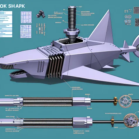 blueprint for a robot shark, robotic, gears, pistons, servos, cables, drawing, schematic, specification