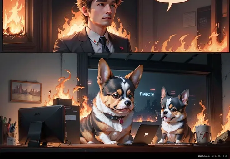 illustration, highres, night, cinematic, (office on fire:1.3),
<lora:this-is-fine:1>, 2 panel comic strip, this_is_fine, english text, "this is fine", speech bubble,
(((corgi):1.1) and (boston terrier):1.0) sitting, behind wall of fire, laptop, fire around, smoke, (fire:1.3)
,(masterpiece:1.3), (best_quality:1.3), (ultra_detailed:1.3), 8k, extremely_clear, (ultrarealistic:1.3), ai printed, ai mark,