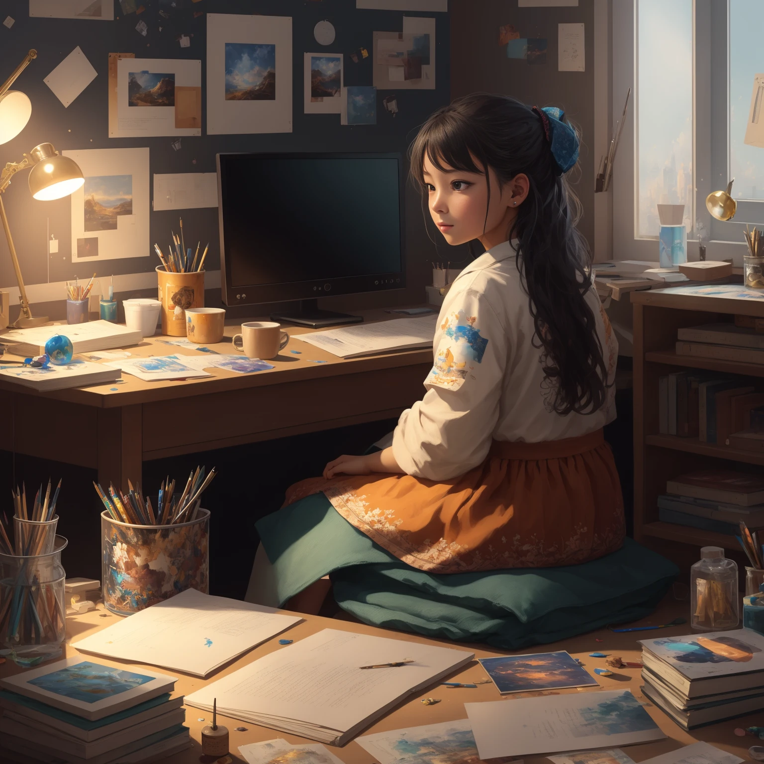 1girl, sitting before a computer, messy room, books and snacks, (extremely detailed CG unity 8k wallpaper), the most beautiful artwork in the world, professional majestic oil painting by Ed Blinkey, trending on ArtStation, trending on CGSociety, Intricate, High Detail, Sharp focus, dramatic, photorealistic painting art by midjourney,