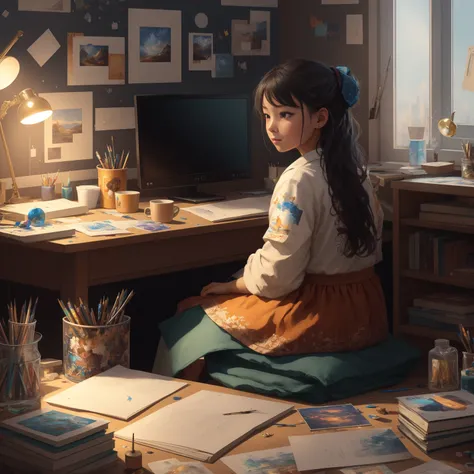 1girl, sitting before a computer, messy room,  books and snacks, (extremely detailed CG unity 8k wallpaper), the most beautiful artwork in the world, professional majestic oil painting by Ed Blinkey, trending on ArtStation, trending on CGSociety, Intricate, High Detail, Sharp focus, dramatic, photorealistic painting art by midjourney,