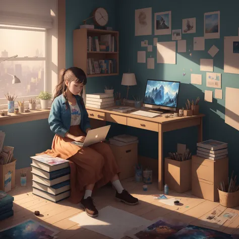 1girl, sitting before a computer, messy room,  books and snacks, (extremely detailed CG unity 8k wallpaper), the most beautiful artwork in the world, professional majestic oil painting by Ed Blinkey, trending on ArtStation, trending on CGSociety, Intricate, High Detail, Sharp focus, dramatic, photorealistic painting art by midjourney,