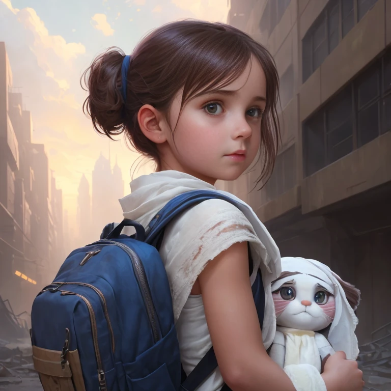 portrait of a beautiful girl is looking back over her shoulder, wearing a backpack, (((holding a rag doll in her hand))), dystopian city in ruins, rim lighting, by Greg Rutkowski and Thomas Kinkade, sharp focus, 4k, 8k, trending on artstation