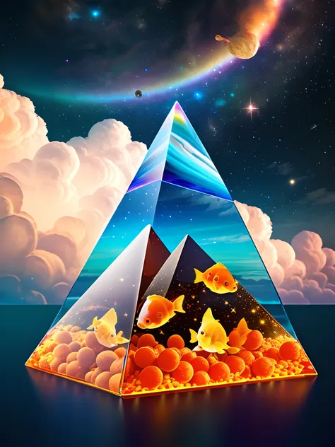 glass pyramid with goldfish inside floating in space, stars, colorful gasclouds, twinkle, shiny, surreal, prism, psychedelic, incredible detail, photograph, masterpiece, photorealistic, atmospheric, cinematic, HDR, Canon, Sony, Lumix, 8k, UHD