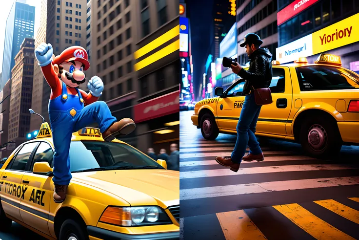 Mario jumping on a taxi in New York, incredible detail, photograph, masterpiece, photorealistic, atmospheric, cinematic, HDR, Canon, Sony, Lumix, 8k, UHD