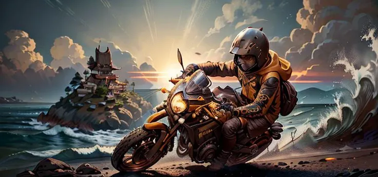 <lora:JavaPunkAI:0.8> JavaPunkAI, man, wearing yellow hoodies, wearing jeans, wearing leather boots, ((wearing dark brown helmet)), riding a motorcycle, (cornering, knee down), on mountain road, background is bright sunset at the ocean, fast moving, motion blur, backlight, low key, silhouette, warm color, cinematic composition, best quality, 4k, 8k, ultra highres, sharp focus, intricate texture, 200mm f4 lens