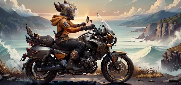 <lora:BaliPunkAI:0.8> Balipunkai, man, wearing yellow hoodies, wearing jeans, wearing leather boots, ((wearing dark brown helmet)), riding a motorcycle, on mountain road, background is bright sunset at the ocean, fast moving, motion blur, backlight, low key, silhouette, warm color, cinematic composition, best quality, 4k, 8k, ultra highres, sharp focus, intricate texture, 200mm f4 lens