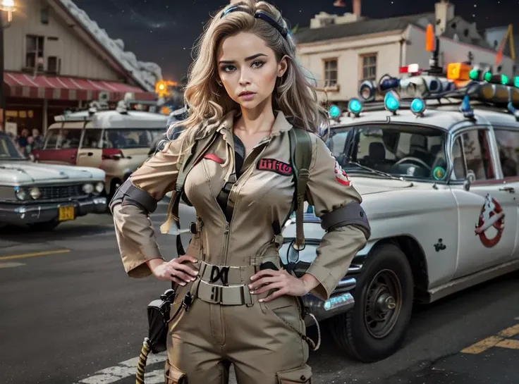 Highly detailed RAW full color high quality wide-angle 16mm photograph top view from above of (((1girl))) wearing ((ghostbuster uniform)) ((protopack)) ((hands on hips in front of ecto_1)) dark asylum (((at night))), ((midnight)), ecto_1 headlights on emergency lights on tinted windows, large breasts, ((cinematic, studio lighting)), intricate, photorealistic, clean, clear, hyper-realism, hyper-realistic, high-res, 4k, 8k, dramatic, epic composition, sharp foucs, shallow depth of field, bokeh, ((nighttime)), professional, HDR, lens flare, (((green supernatural lighting in sky))), helmet, khaki pants, large breasts, big boobs, <lora:Ecto-1:0.4> <lora:Ghostbuster:0.6>