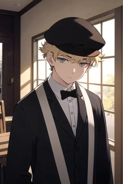 masterpiece, best quality, movie still, 1boy, solo, male focus, looking at viewer, upper body, , ligne claire, , <lora:july_darker_than_black:0.76>, july_darker_than_black, blonde hair, grey eyes, , graduation costume, , High resolution