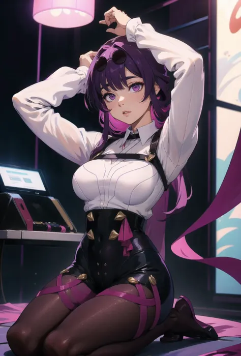 <lora:Kafka:1>, kafka, arms behind head, seiza, eyewear on head, white shirt, pantyhose, purple eyes