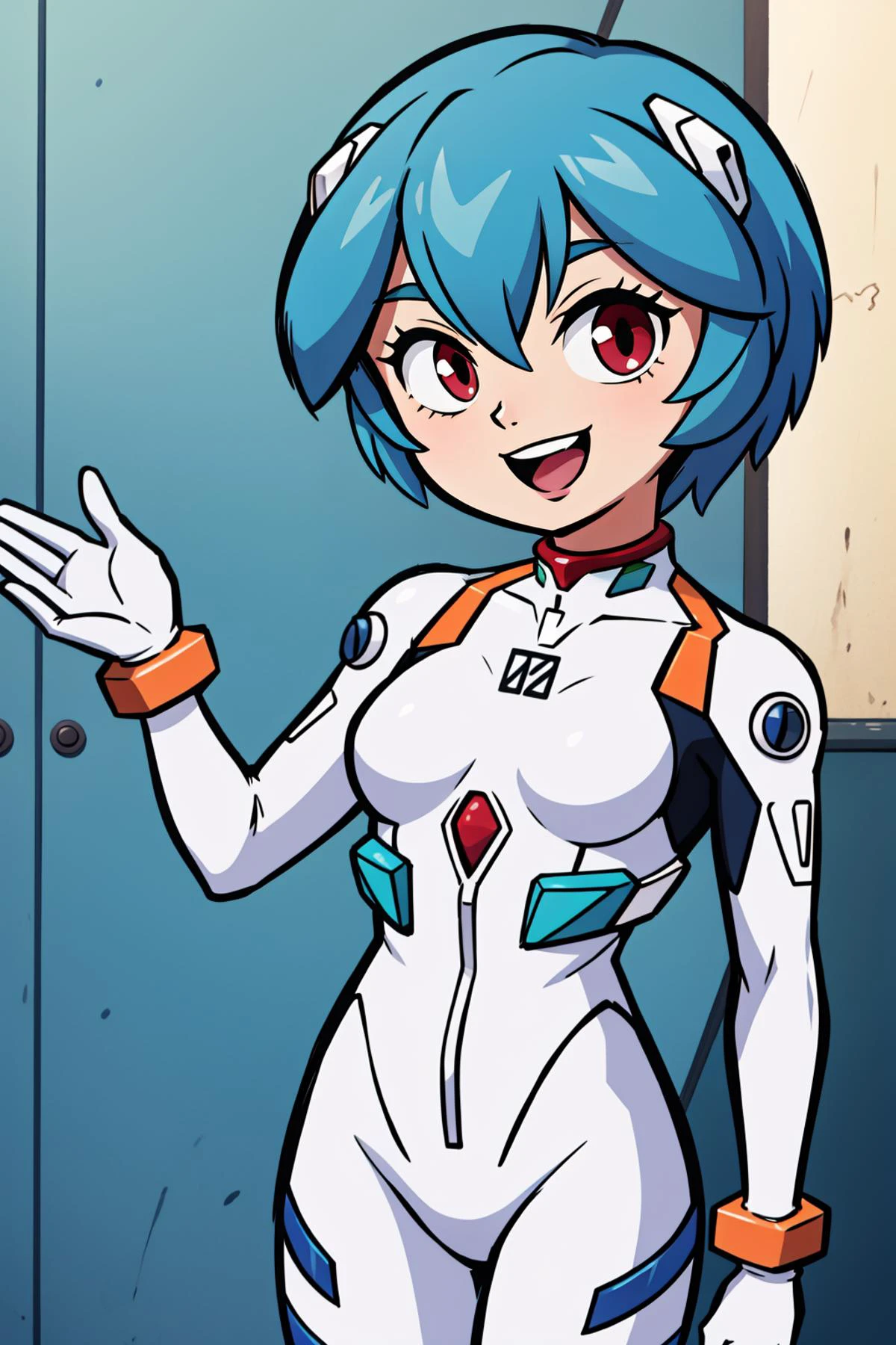 masterpiece, best quality, cowboy shot, <lora:GoodHands-beta2:1> <lora:ayanami_rei-10:.8> rei ayanami, :D, white plugsuit, interface headset, gloves, looking at viewer,