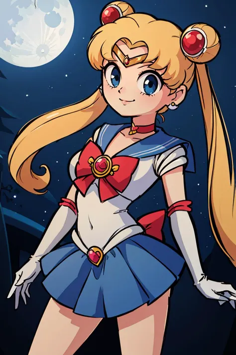 masterpiece, best quality, highres, 1girl, aausagi, double bun, twintails, parted bangs, circlet, jewelry, earrings, choker, red bow, white gloves, elbow gloves, blue skirt, <lora:sailor_moon_v1:0.7>, standing, cowboy shot, night, outdoors, moon, smile