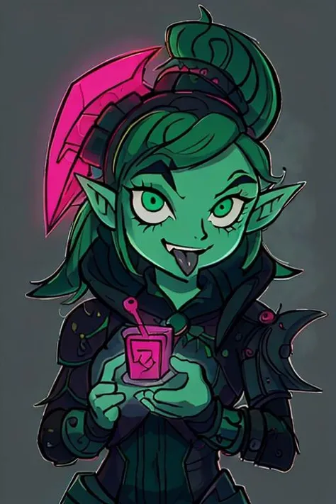 , tongue out, gothic elf, makeup, fractal patterns, green hair, <lora:CyberPunkAI:0.8> CyberpunkAI, neon