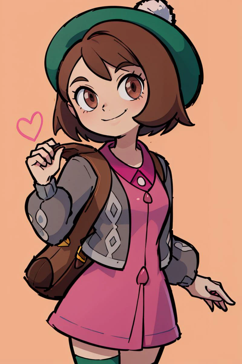 ((masterpiece,best quality)), absurdres, <lora:gloria_(pokemon)_v1:0.7>, gloria \(pokemon\), brown hair, solo, backpack, brown eyes, tam o' shanter, grey cardigan, pink dress, short hair, green socks, socks, brown bag, bob cut, bangs, long sleeves, collared dress, solo, smiling, looking at viewer, cowboy shot, ,