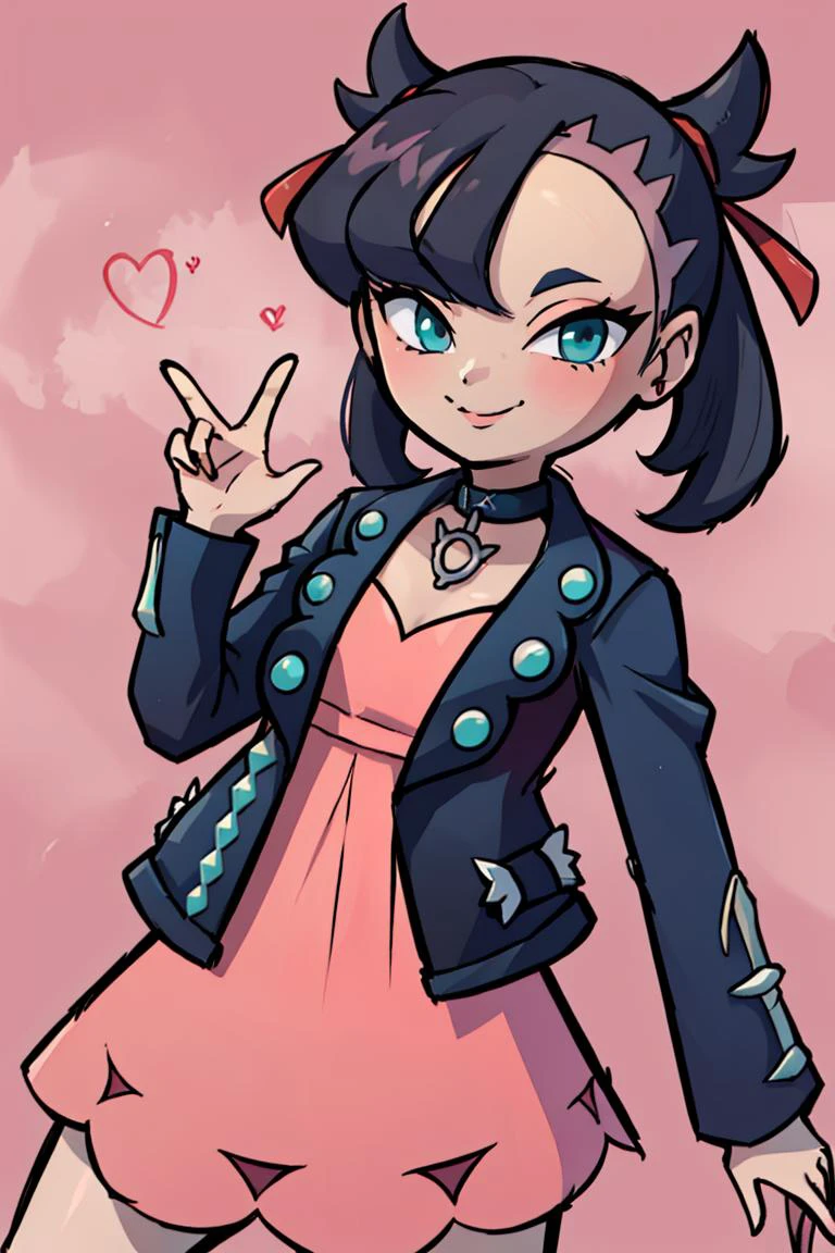 ((masterpiece,best quality)), absurdres, <lora:Marnie_Pokemon_Dim32:0.8>, Marnie_Pokemon, aqua eyes, black choker, red ribbon, jewelry, pink dress, black jacket, open clothes, long sleeves, solo, smiling, looking at viewer, cowboy shot, ,