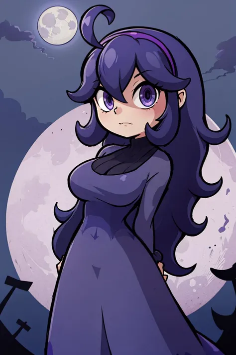 masterpiece, best quality, highres, aahex, hex maniac \(pokemon\), long hair, ahoge, purple hairband, purple eyes, @_@, large breasts, long dress, black dress, long sleeves, <lora:hex_maniac_v1:0.7>, arms behind back, outdoors, full moon,