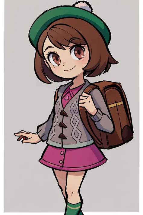 ((masterpiece,best quality)), absurdres,  <lora:gloria_(pokemon)_v1:0.7>,  gloria \(pokemon\), brown hair, solo, backpack, brown eyes, tam o' shanter, grey cardigan, pink dress, short hair, green socks, socks, brown bag, bob cut, bangs, long sleeves, collared dress,  solo, smiling, looking at viewer, cowboy shot,  ,